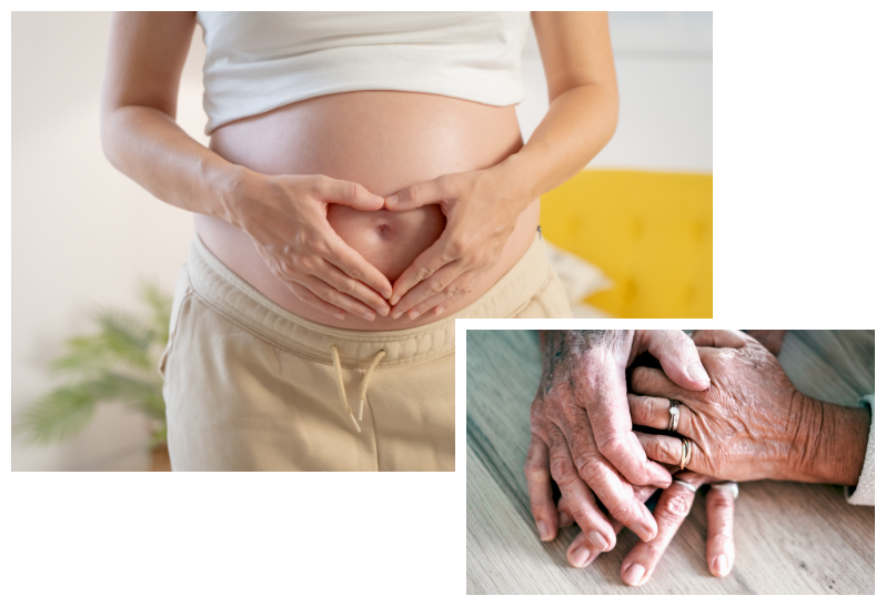 Eine Bildollage mit einer Frau, die mit Ihren Händen ein Herz formt vor ihrem schwangeren Bauch. Die Hände zweier ältere Menschen, die sich liebevoll halten.
