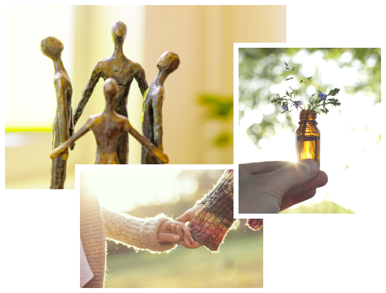 Bildcollage mit einer Skulptur, zwei Menschen, die sich an den Händen halten und einen Fläschchen zum Thema Bachblütenberatung.